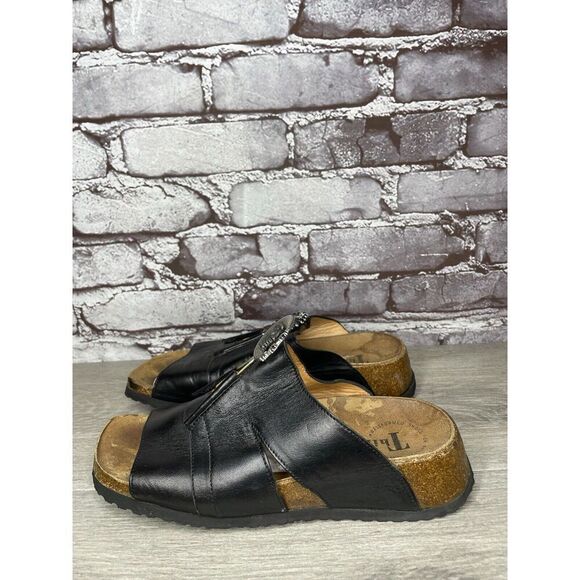 Think! Black Leather Cork Sun Moon Silver Wedge Sandals Women Sz 37EU/6.5M US - Picture 1 of 16